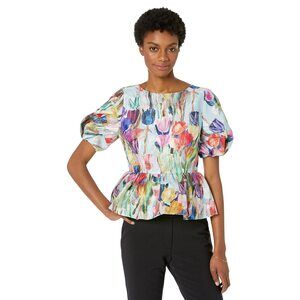 MILLY Bennet Metallic Tulip Top Blue Multi SM (US Womens 4-6)